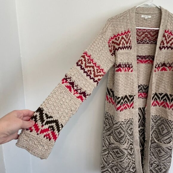 MAURICES Cream Beige Brown Pink Geometric Fair Isle Duster Long Cardigan Sweater - Picture 9 of 15